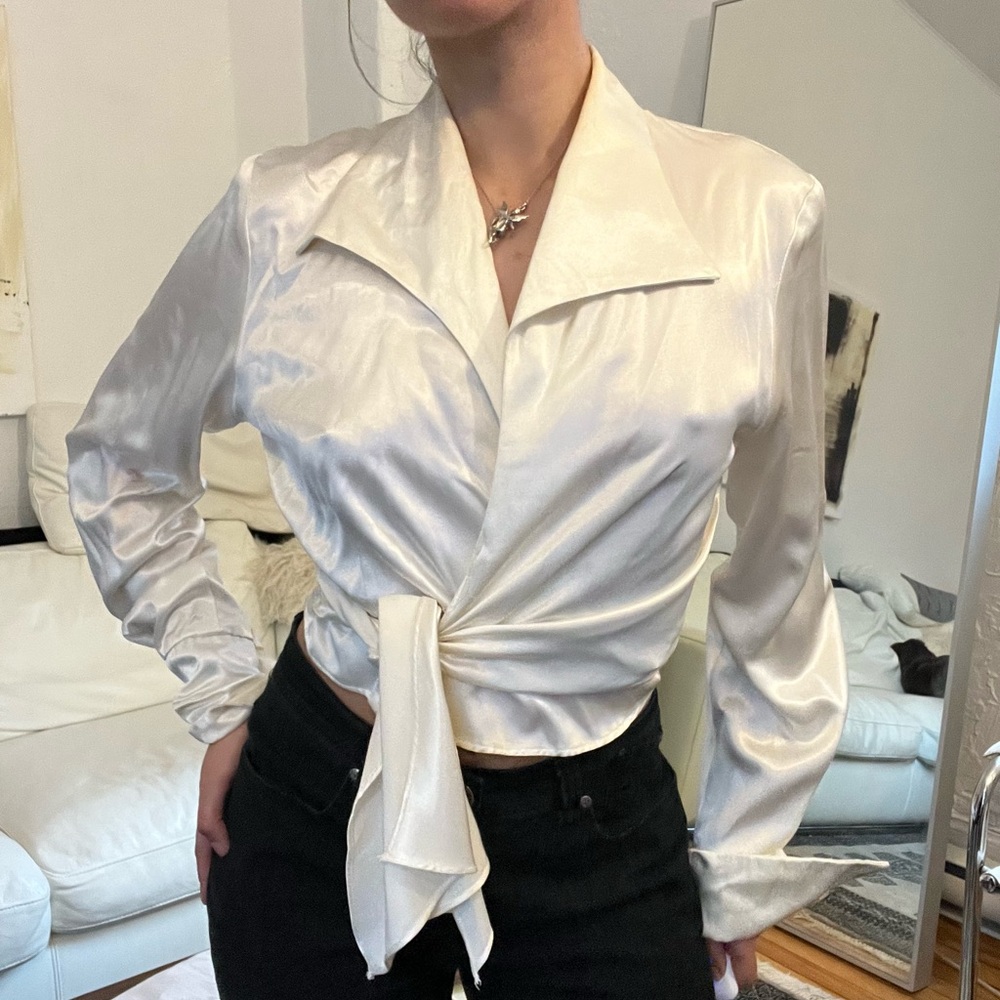 Sexy Satin Wrap Long Sleeve Blouse